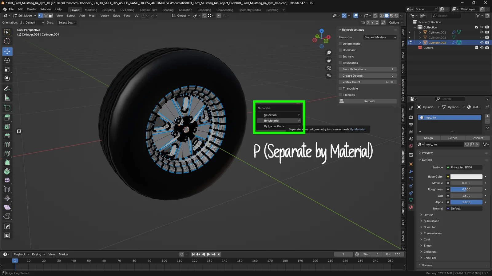 lender 3D screenshot showing a car wheel model. The 'Separate' menu is open with the 'By Material' option highlighted, showing how to split the tire and rim meshes based on their assigned materials.