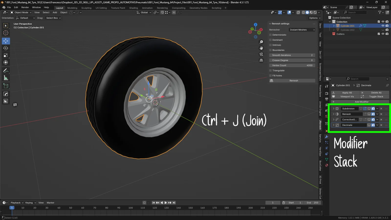 Blender Object Mode screenshot showing a car wheel. The tire and rim are selected to be joined using Ctrl + J. The Modifier Stack is highlighted in green to demonstrate that the joined mesh will inherit the modifiers of the active object.