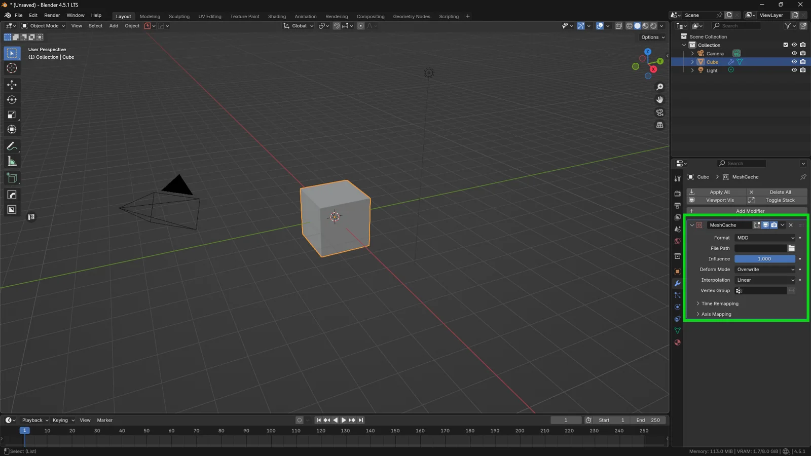 Blender interface showing a selected cube with the Mesh Cache Modifier panel open and highlighted for vertex-based animation cache setup.