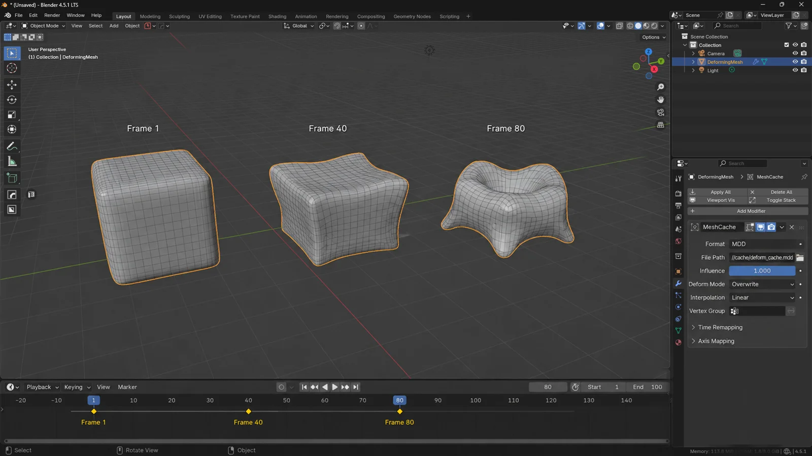 Blender interface showing the same mesh deforming across frames 1, 40, and 80 with the Mesh Cache Modifier and timeline visible.