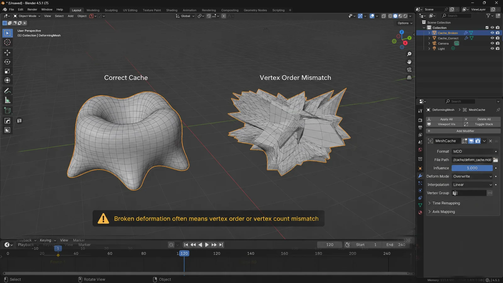 Blender screenshot comparing a correct Mesh Cache deformation with a broken vertex order mismatch deformation caused by inconsistent topology or vertex count.