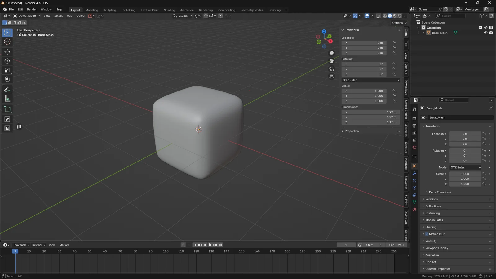 Blender screenshot showing an imported base mesh selected in the viewport with the Transform panel visible before applying the Mesh Cache Modifier.