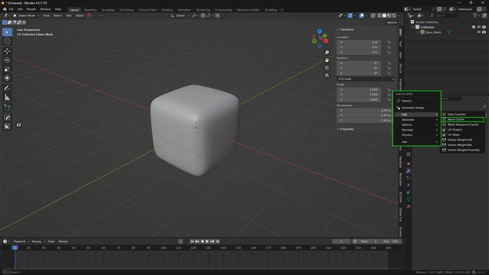 Blender screenshot showing the Add Modifier menu open with Mesh Cache highlighted under the Modify category for a selected base mesh.
