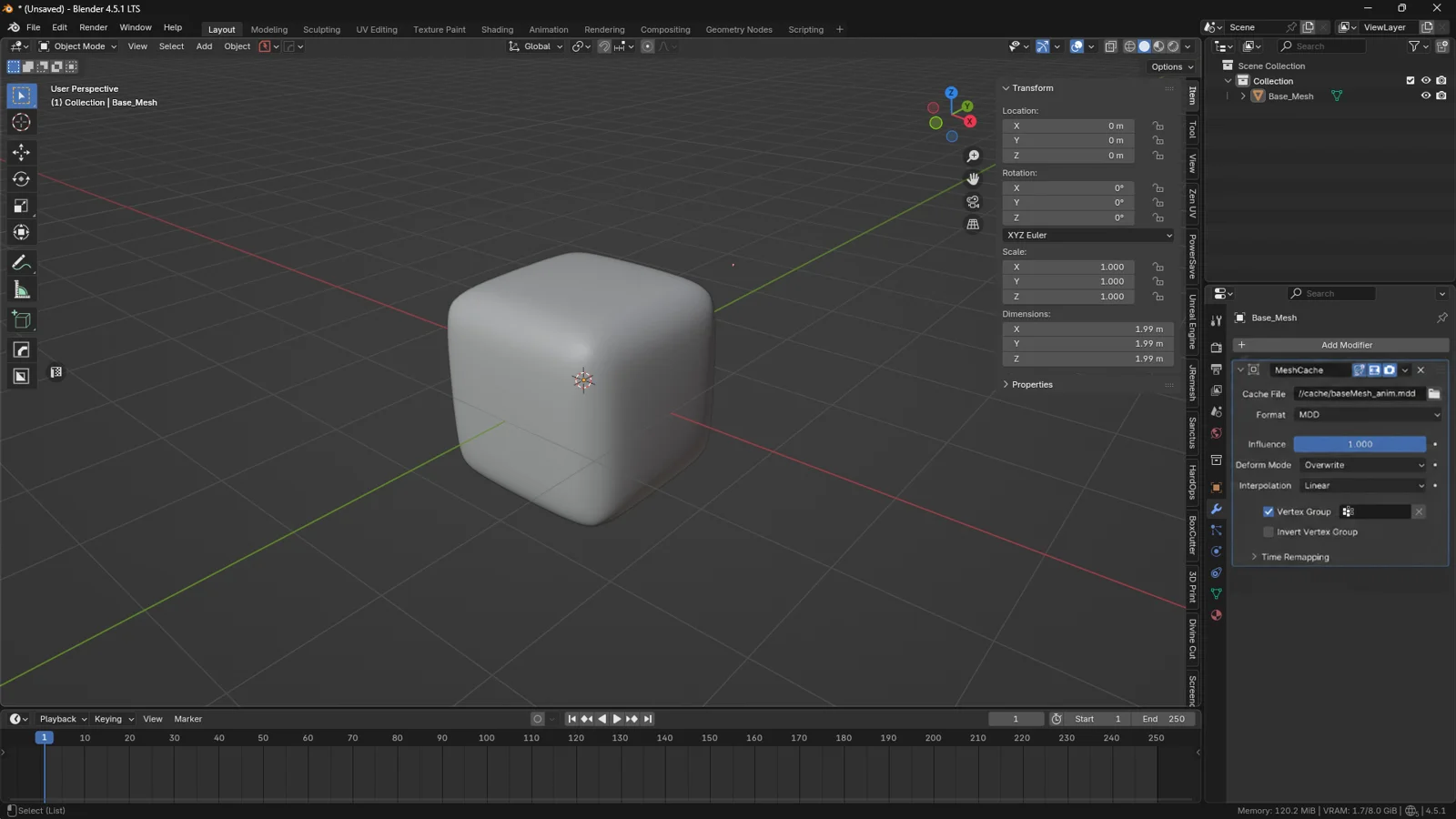 Blender screenshot showing the Mesh Cache Modifier with an MDD cache file loaded, including the file path field, modifier settings, and timeline below.