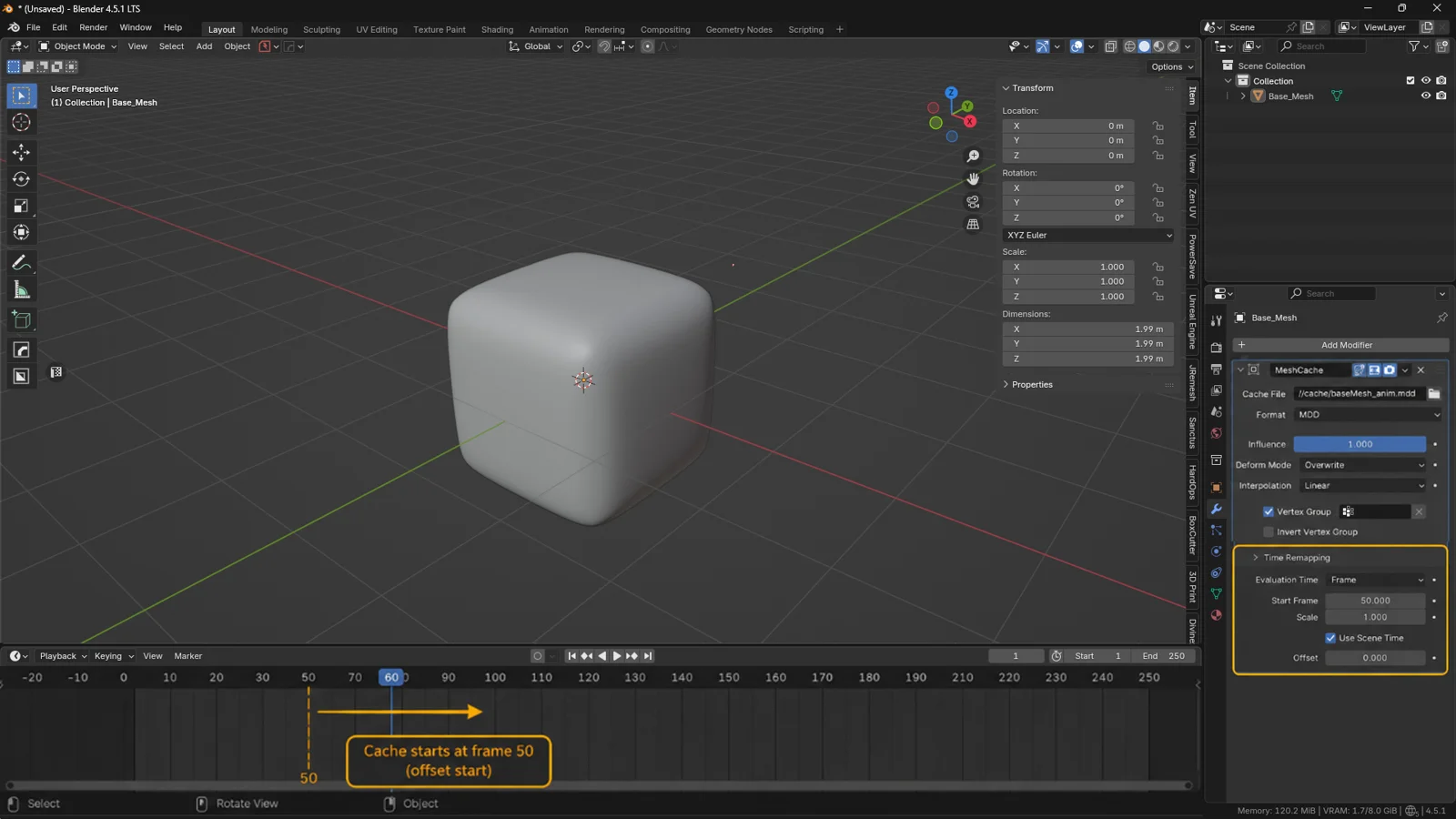 Blender screenshot showing the Mesh Cache Modifier time remapping settings highlighted, with the timeline offset so the cache starts at frame 50.