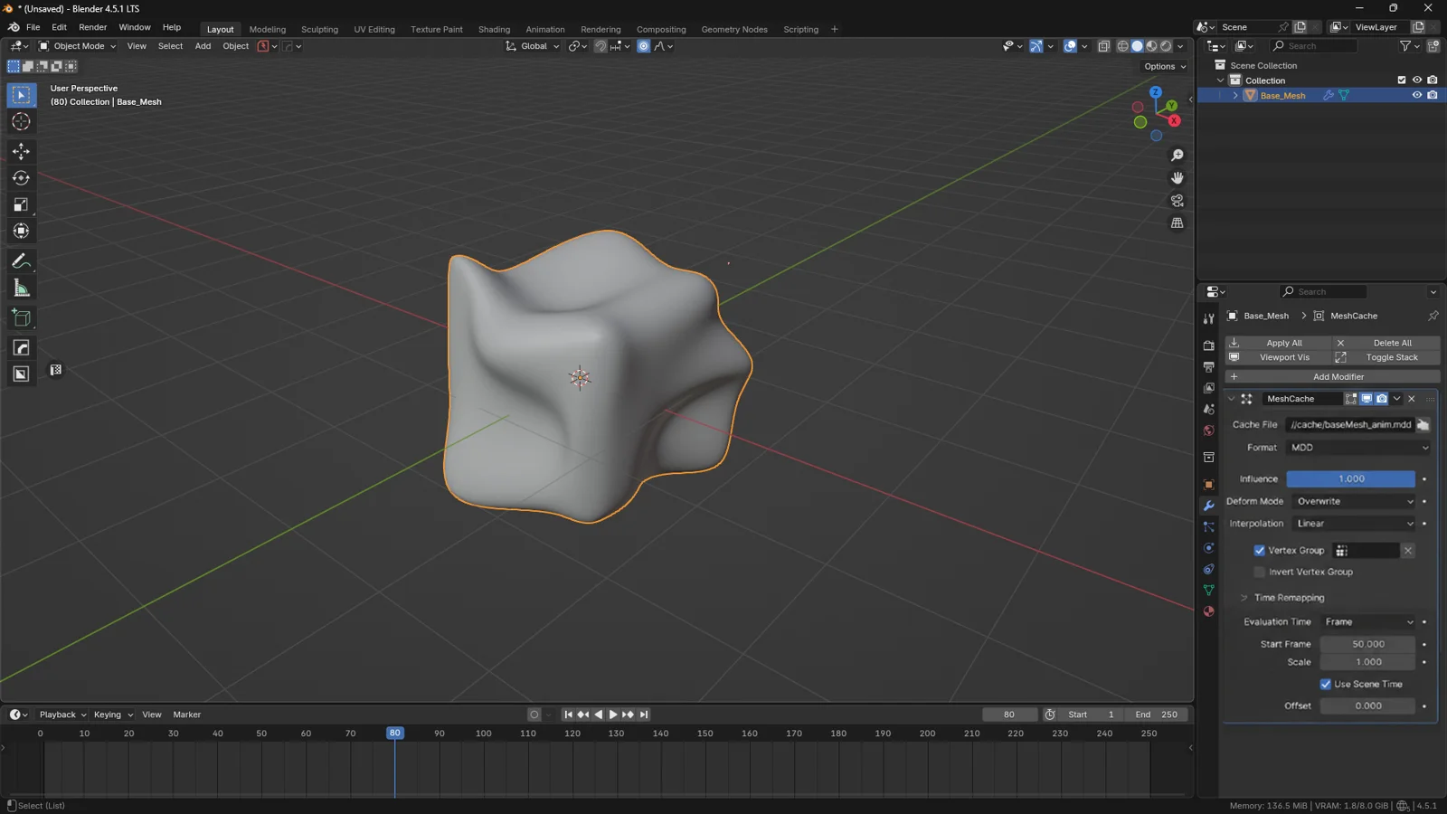 Blender screenshot showing a rounded cube mesh deformed by an active Mesh Cache Modifier with an MDD file loaded and the timeline set to frame 80.