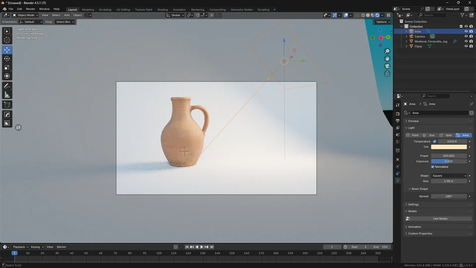 Selected area light beside the terracotta pitcher camera frame with light settings visible in Blender