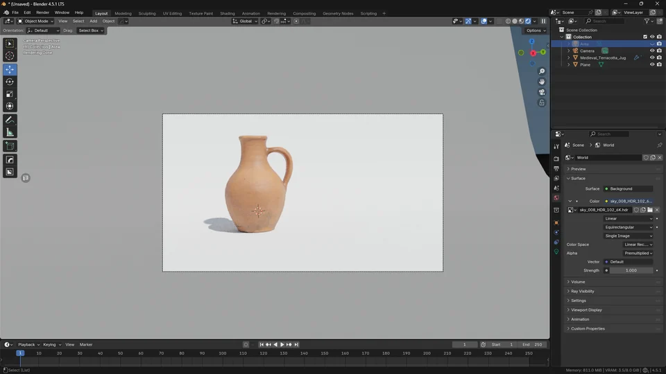 Blender viewport showing a terracotta pitcher and a defined cast shadow in the clear-sun HDRI comparison
