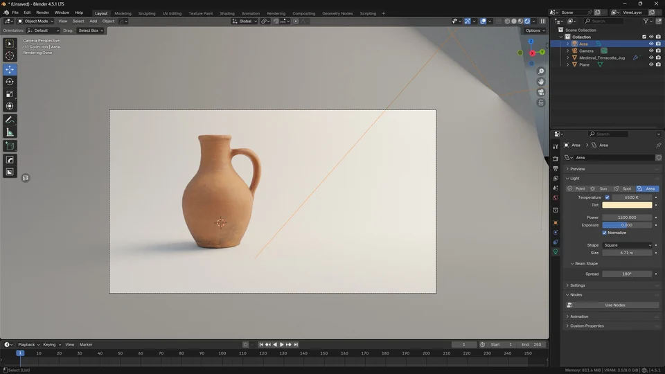 Blender scene with a terracotta pitcher, selected area light and a warm illuminated backdrop