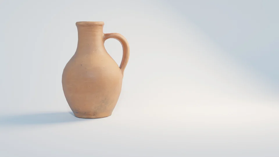 Terracotta pitcher render with HDRI and area lighting, a bright handle edge and a shadow extending to the left