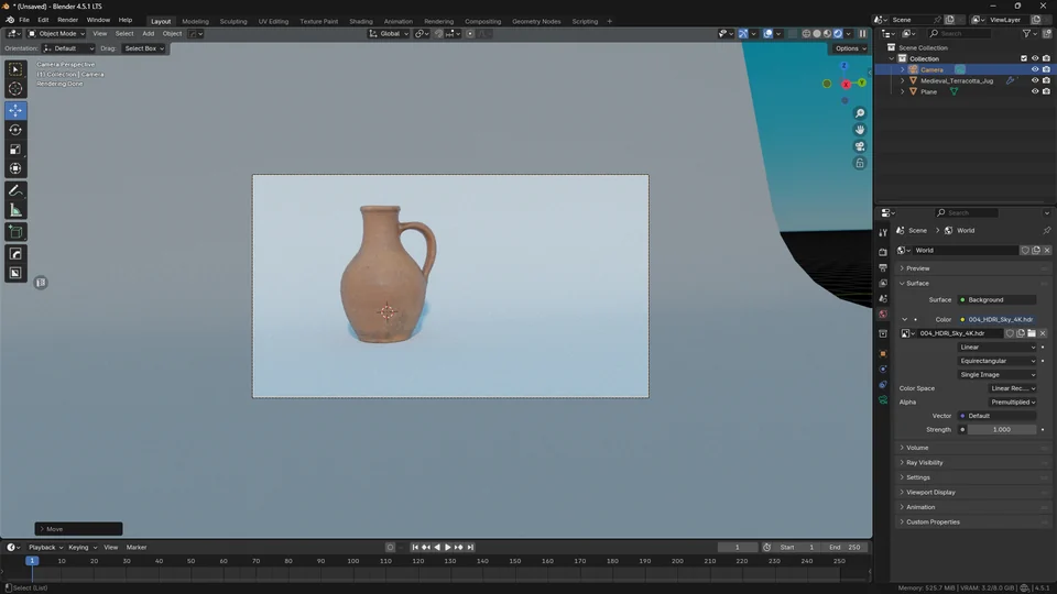 Blender camera view of a terracotta pitcher on a pale blue ground in the HDRI-only product lighting setup