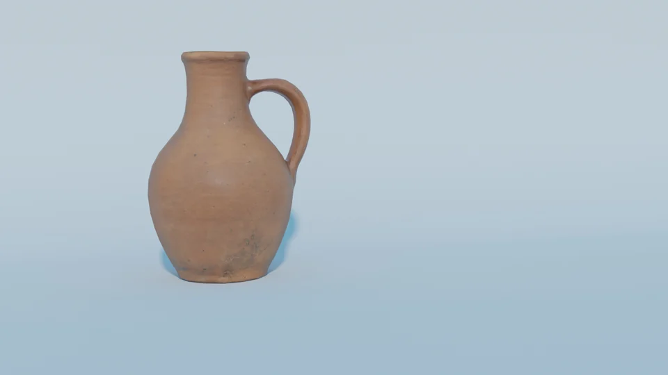 Terracotta pitcher render under HDRI-only lighting with a cool blue background and a shadow beside the base