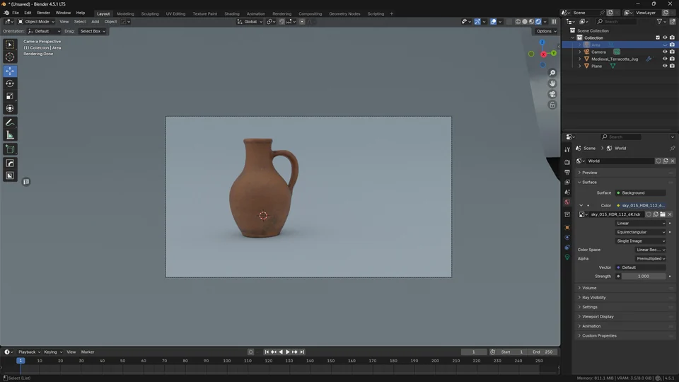 Blender viewport showing a terracotta pitcher on a cool blue ground in the overcast HDRI comparison