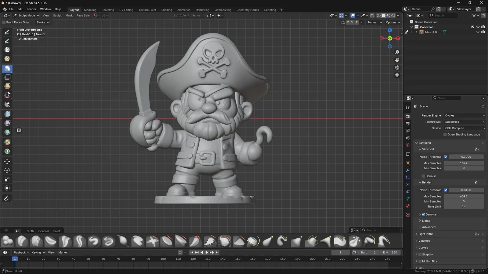 Stylized 3D pirate model in Blender Sculpt Mode demonstrating the Mask Slice to New Object workflow.