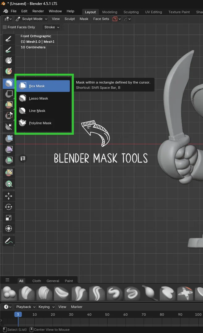Screenshot of Blender Sculpt Mode showing Box Mask, Lasso Mask, and Line Mask tools used to prepare a 3D model for Mask Slice.