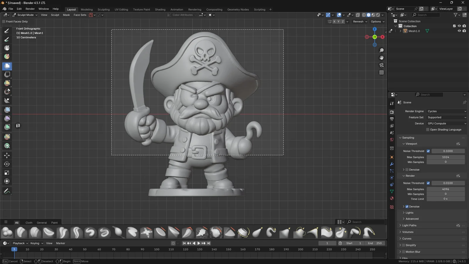 Box Mask Tool used in Blender Sculpt Mode to create a rectangular mask selection on a stylized pirate model before slicing.