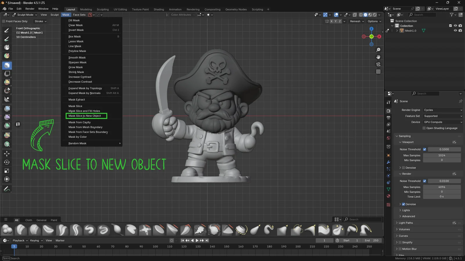 Blender Sculpt Mode screenshot showing the Mask Slice to New Object command used to cut and separate a 3D model into new objects.