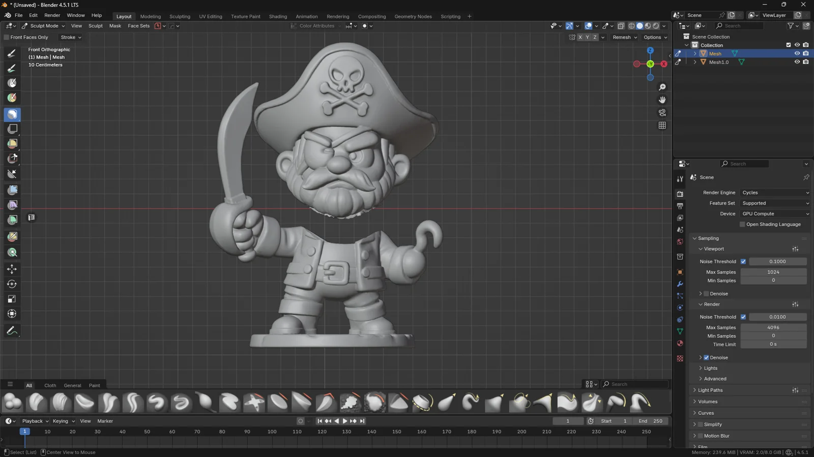 Blender Sculpt Mode screenshot showing a stylized pirate model split into two objects after using Mask Slice to New Object.