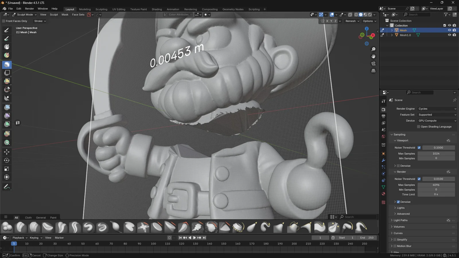 Blender Sculpt Mode screenshot showing voxel grid overlay (Shift + R) used to preview and adjust Voxel Remesh resolution on a 3D model.
