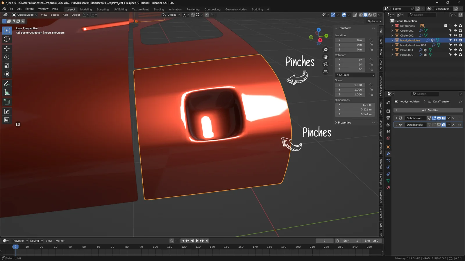 Shading artifacts (pinches) around a hole on the car hood, shown before fixing the normals with Blender’s Data Transfer modifier.