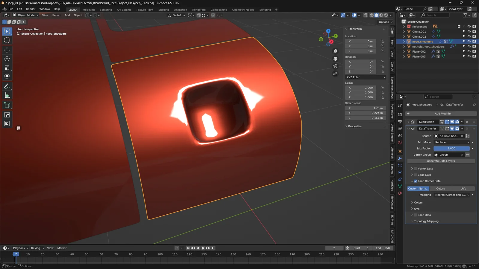 Blender hood mesh with Data Transfer modifier enabled, showing corrected shading and smooth reflections around a hole using transferred custom normals