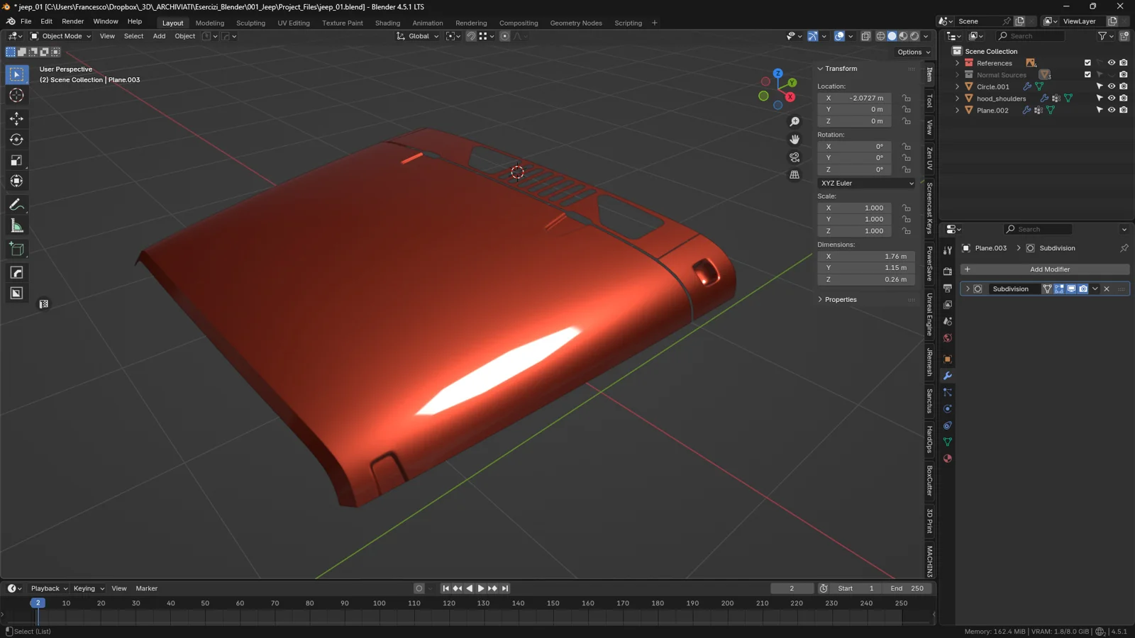 Final Blender render of an automotive hood with clean shading and smooth reflections achieved using the Data Transfer modifier to fix normals