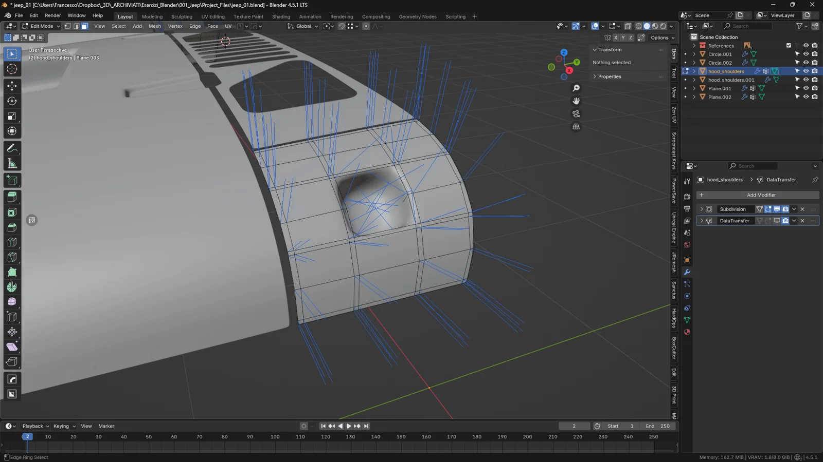 Mesh normals distortion around a hole on a curved surface in Blender, shown using viewport overlay normals visualization