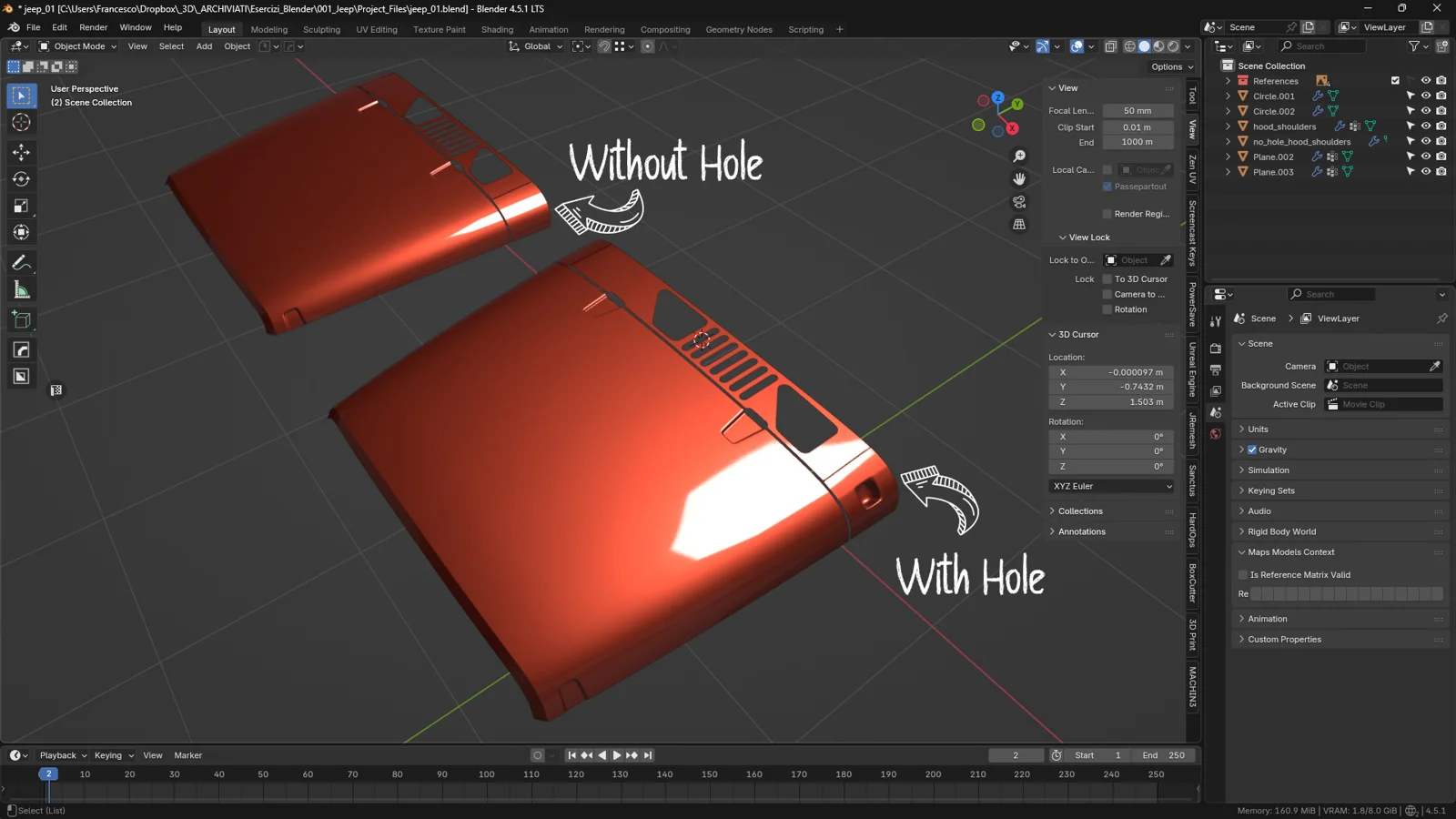 Blender comparison of hood surface with and without a hole, highlighting shading artifacts and reflection distortion on curved automotive panels