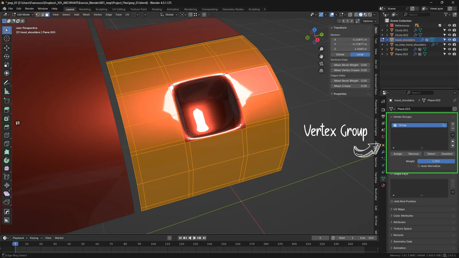Blender hood mesh with hole showing inverted selection and Vertex Group setup for precise Data Transfer normal correction
