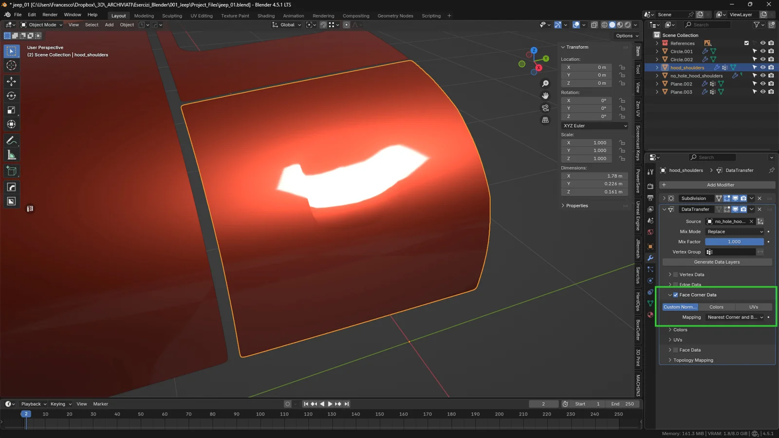 Blender Data Transfer modifier with Custom Normals enabled under Face Corner Data to correct shading artifacts on a curved hood mesh