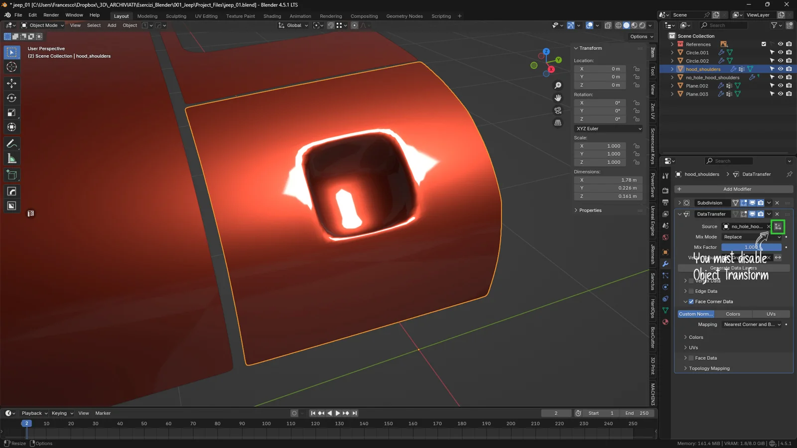 Blender Data Transfer modifier showing the Object Transform toggle disabled to correctly transfer custom normals and fix shading on a hood mesh with a hole