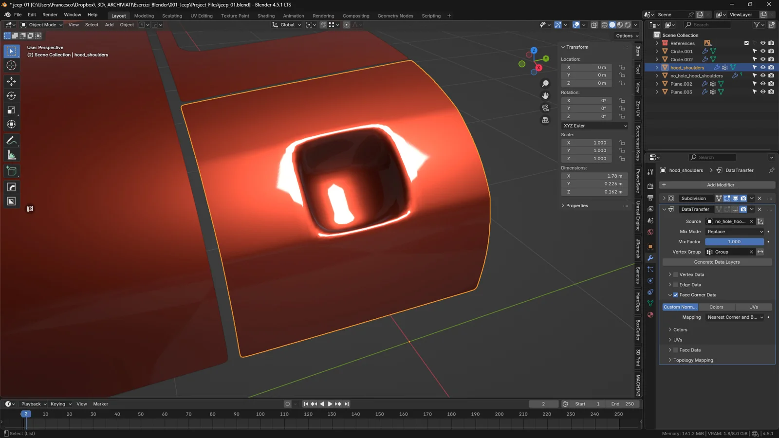 Blender hood mesh with the Data Transfer modifier turned off, showing shading pinches and distorted reflections around a hole