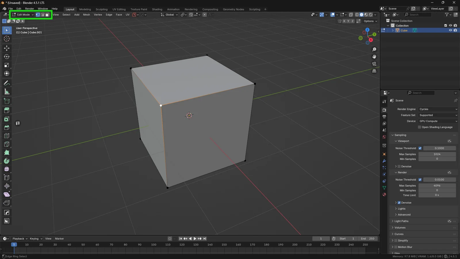 Blender Edit Mode showing vertex, edge and face selection modes on a cube mesh