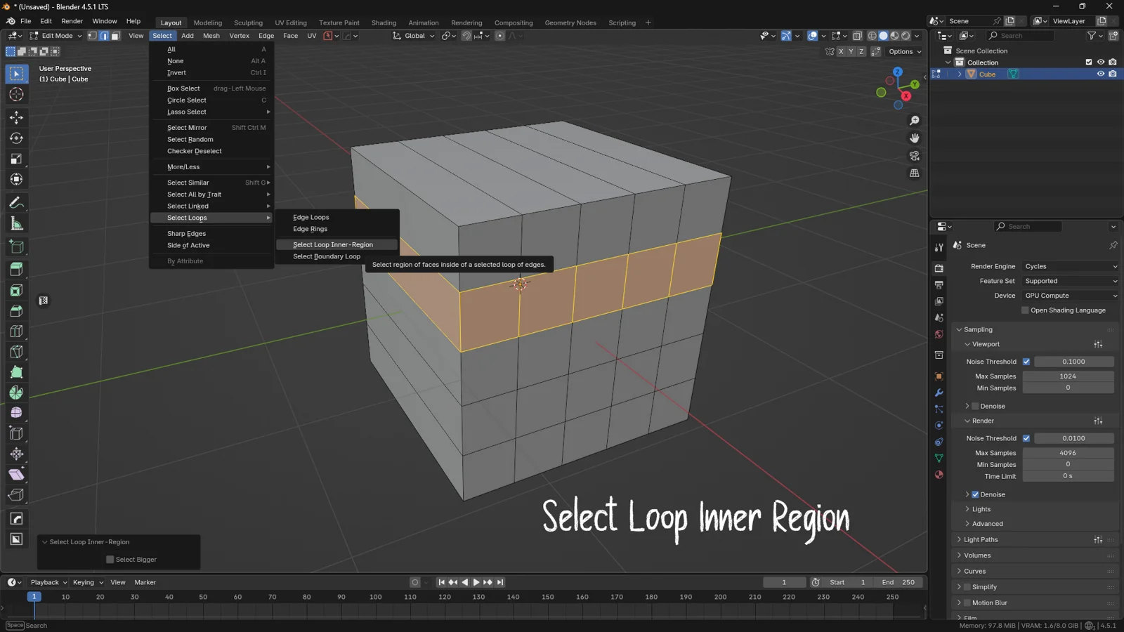 Blender Edit Mode showing Select Loop Inner Region to fill the face area between selected edge loops