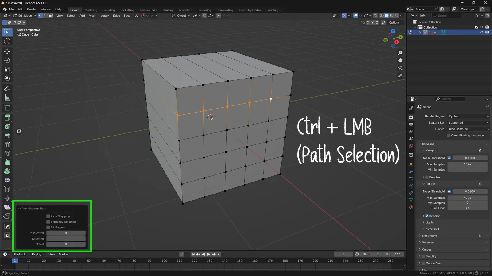 Blender Edit Mode using Ctrl and left click to select a shortest path of vertices on a cube mesh
