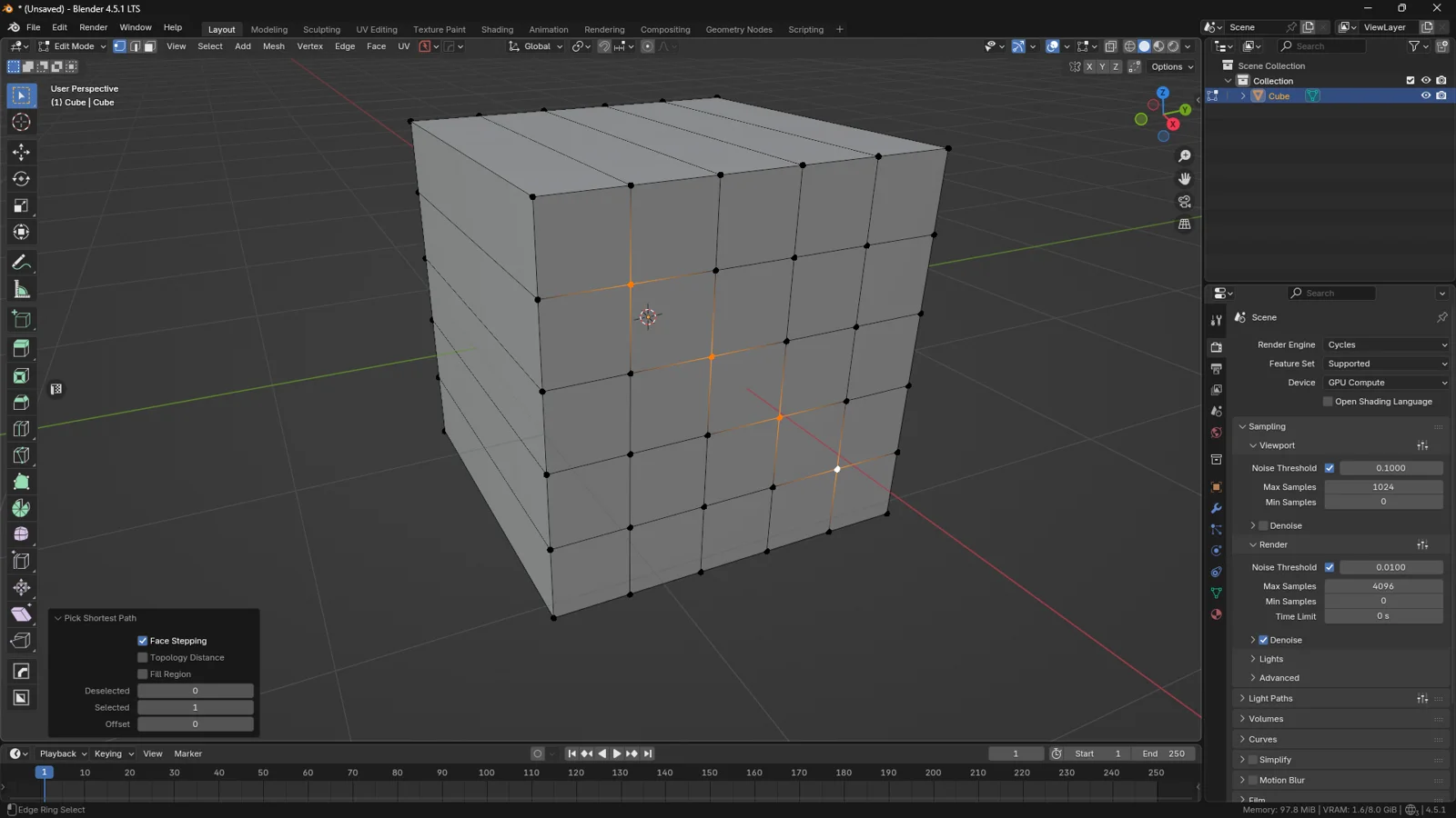 Blender Edit Mode path selection using face stepping to select a diagonal vertex path across cube faces