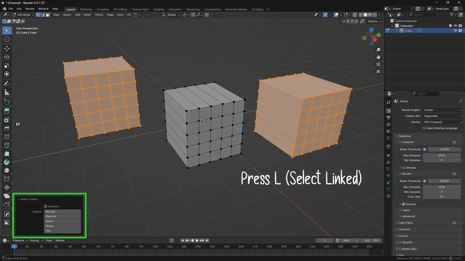 Blender Edit Mode showing Select Linked tool selecting connected mesh parts using the L key