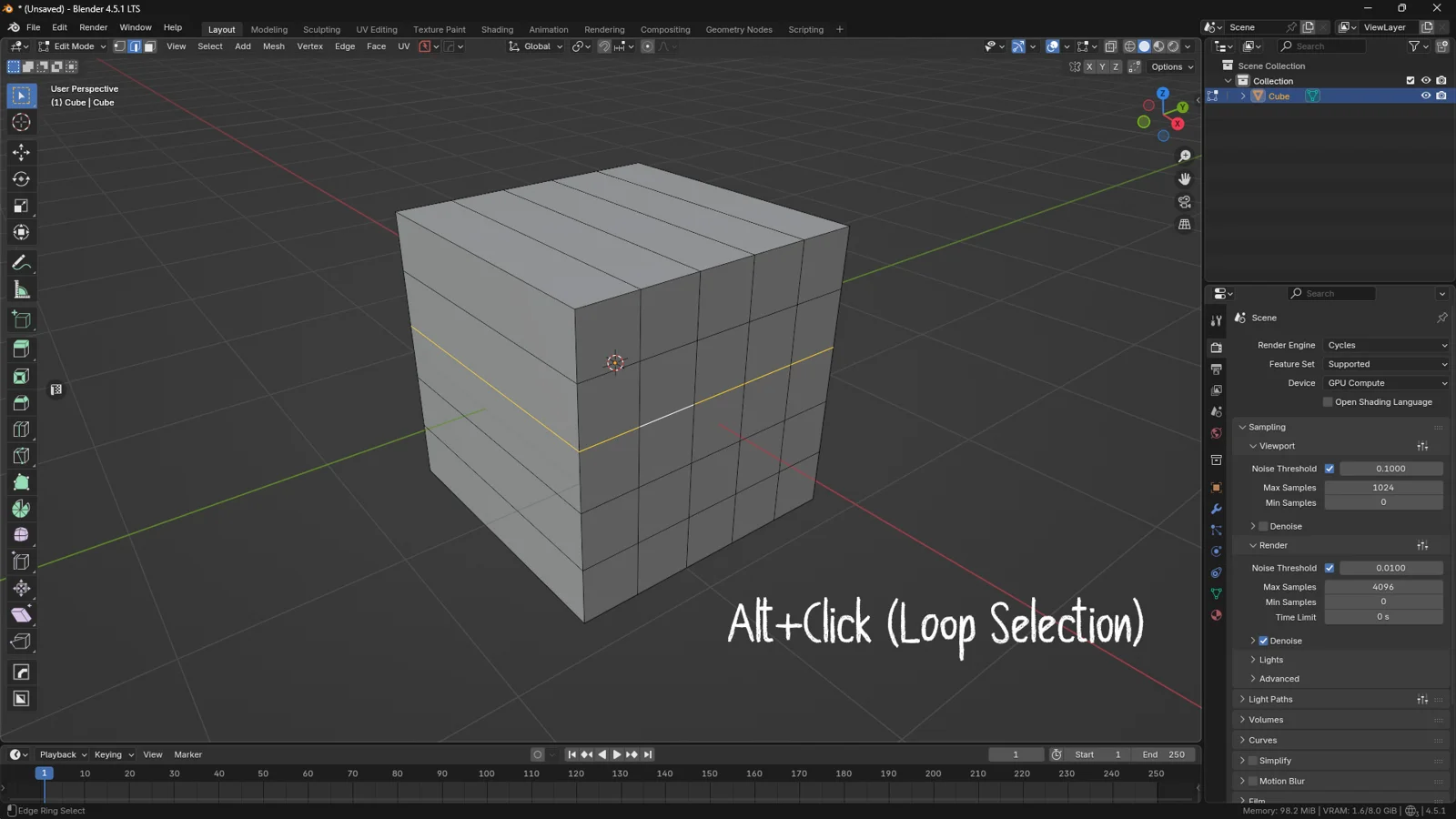 Blender Edit Mode showing edge loop selection using Alt and left click on a cube mesh