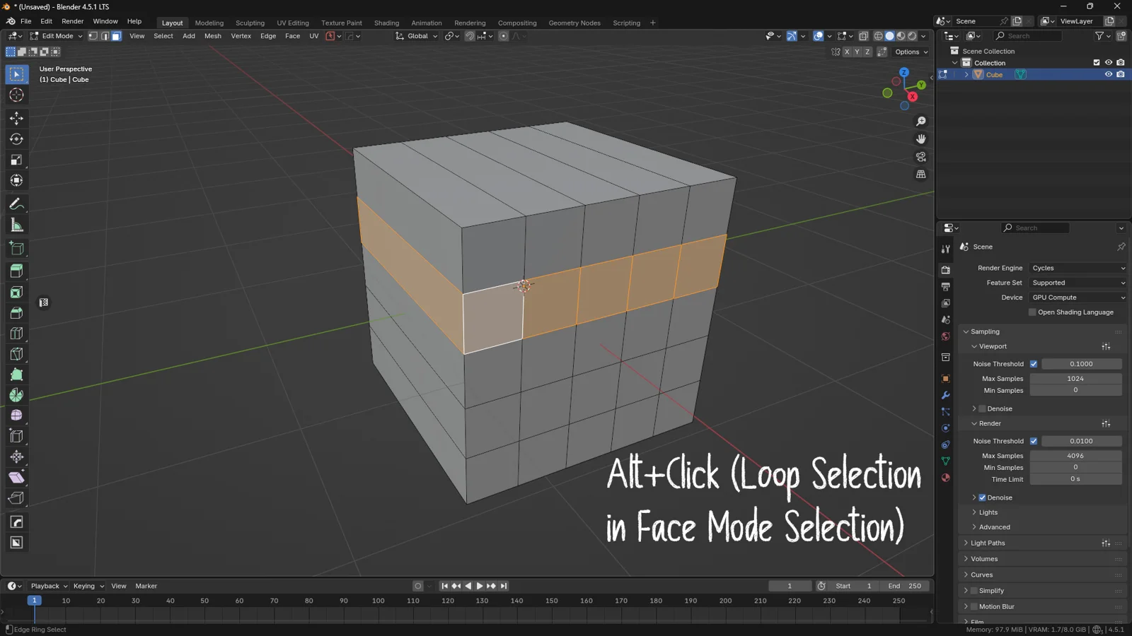 Blender Edit Mode face loop selection using Alt and left click in face select mode on a cube mesh