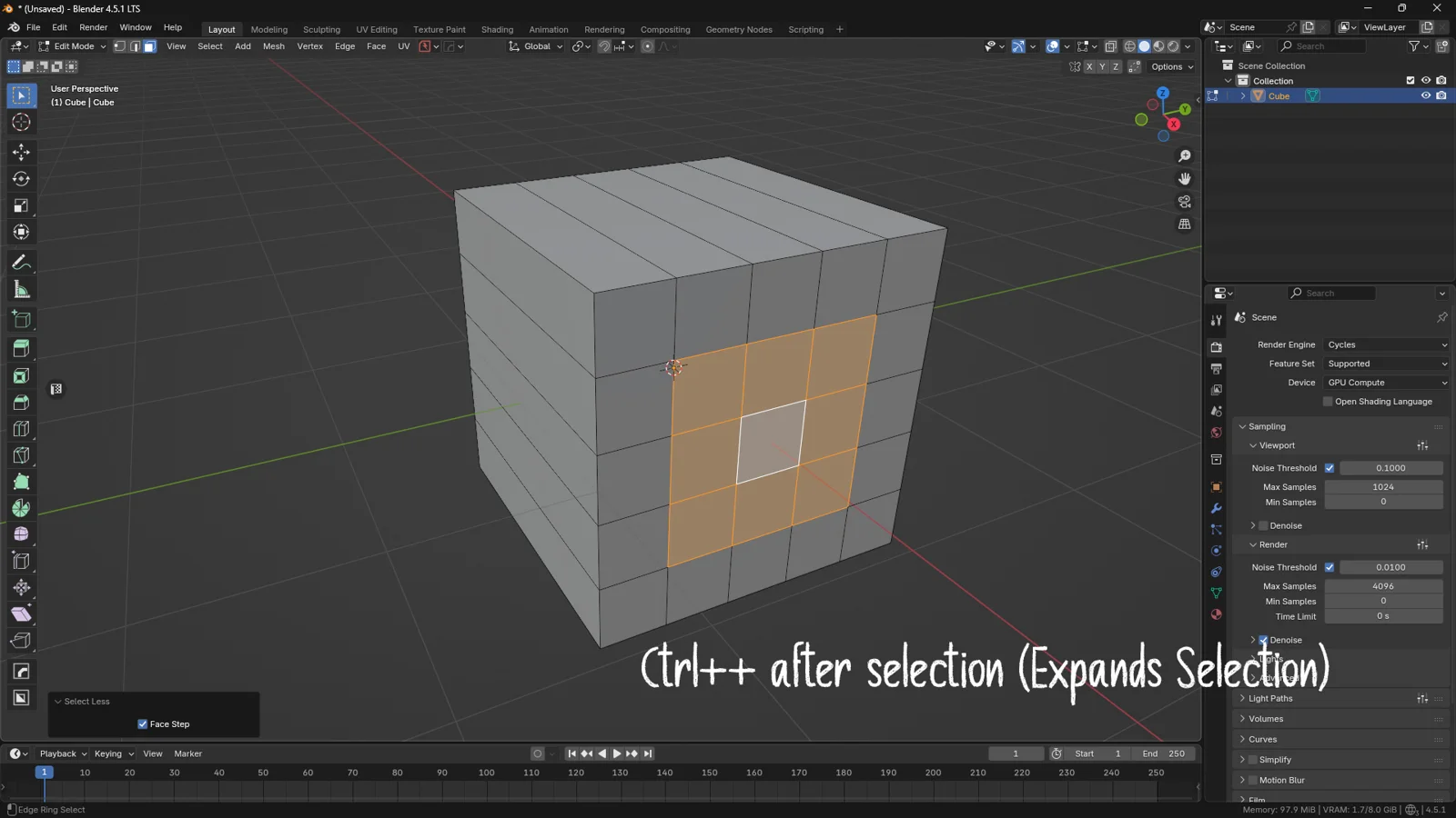 Blender Edit Mode expanding a face selection using the Ctrl plus shortcut on a cube mesh