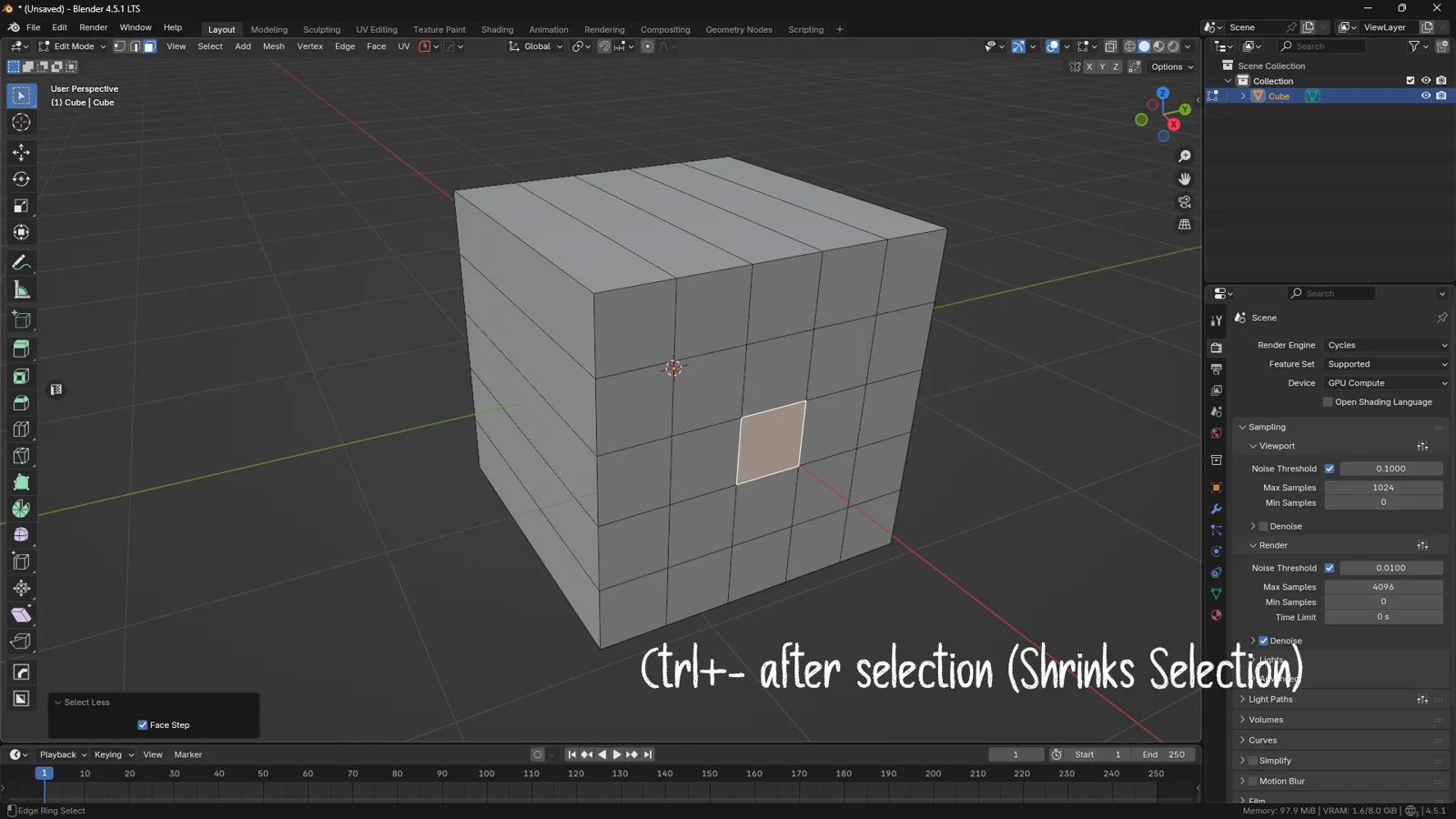 Blender Edit Mode shrinking a face selection using the Ctrl minus shortcut on a mesh