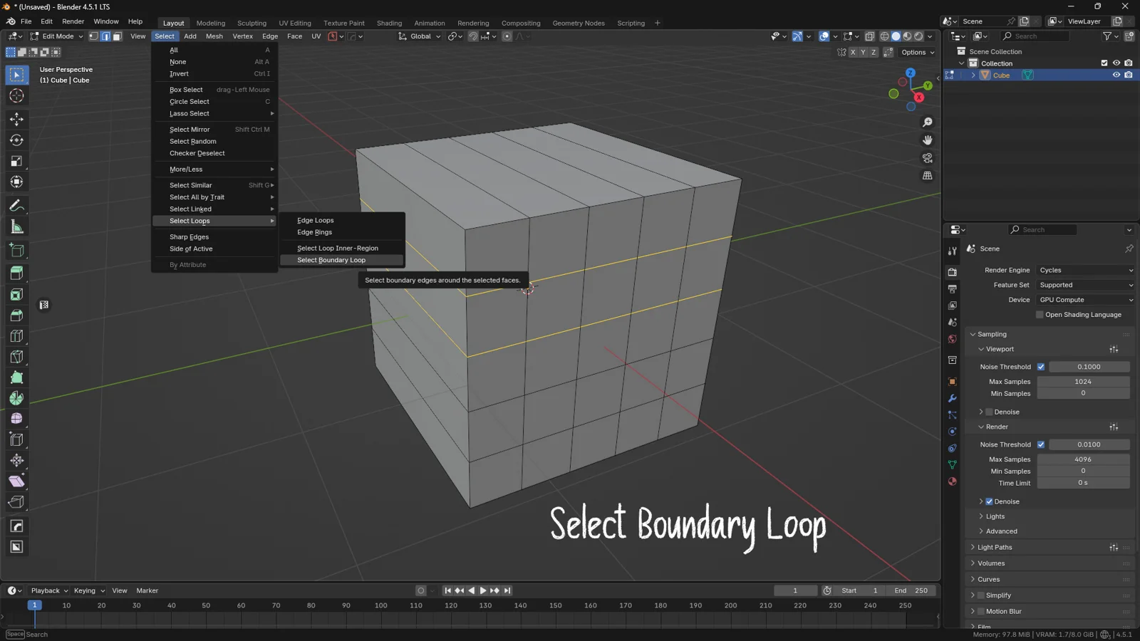 Blender Edit Mode showing Select Boundary Loop to highlight border edges around selected faces