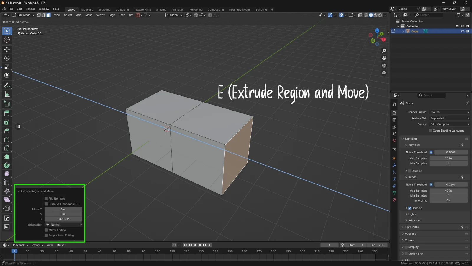 Blender 3D interface showing the Extrude Region and Move command using the E shortcut on a cube, with the operator panel settings highlighted in green in the bottom left corner.