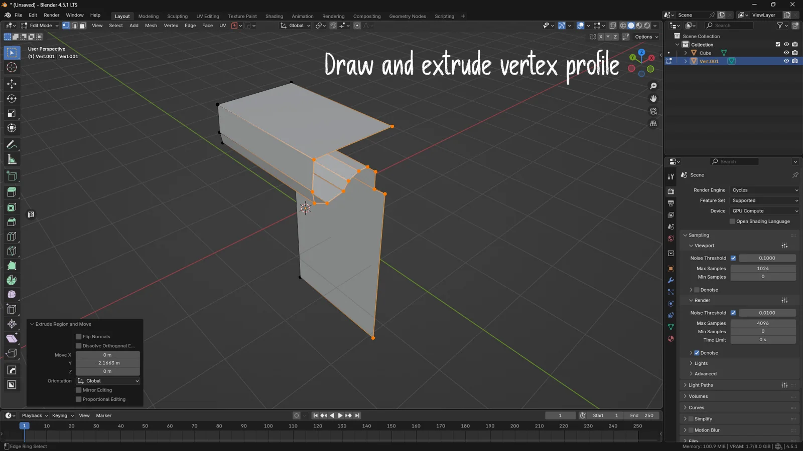 Blender viewport demonstrating the vertex extrusion technique: a hand-drawn 2D profile is extruded sideways to create a solid 3D cornice or molding.