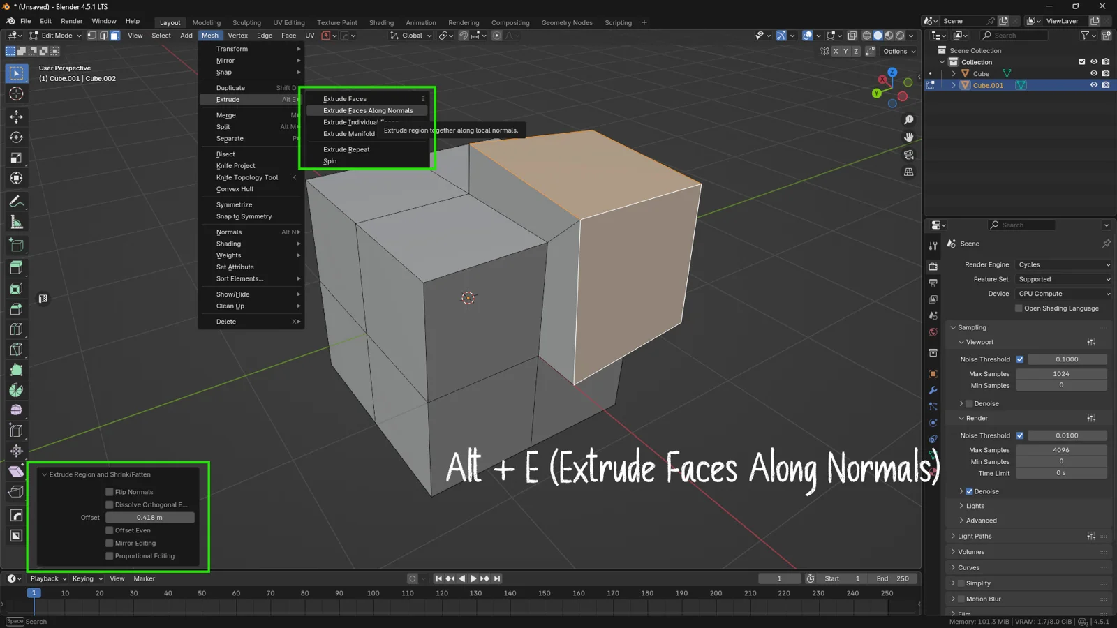 Blender interface with the Extrude menu open showing the Alt + E shortcut and the Extrude Faces Along Normals option applied to a cube corner for even expansion.