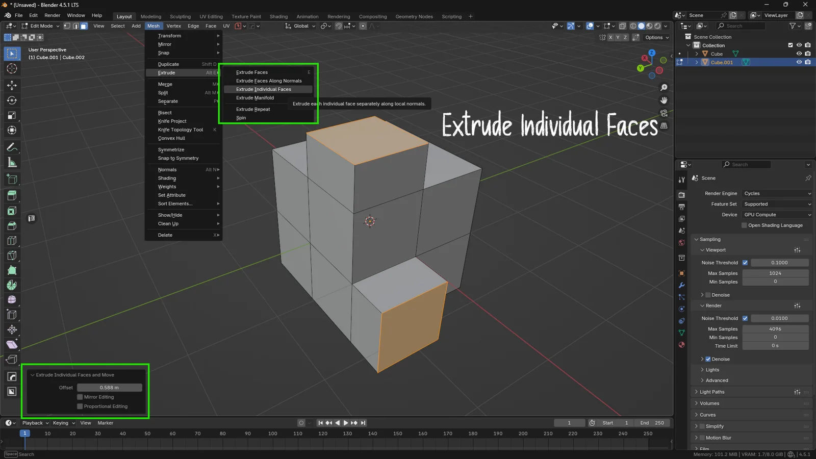 Blender viewport demonstrating the Extrude Individual Faces command: selected cube faces are extruded separately, creating independent blocks instead of connected geometry.