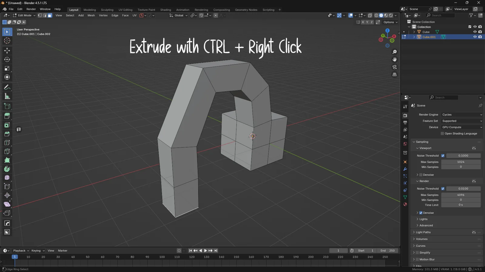 Blender viewport demonstrating the "Extrude to Cursor" technique: an arch-like structure created rapidly by pressing Ctrl + Right Mouse Click, with edges automatically rotating to follow the path.