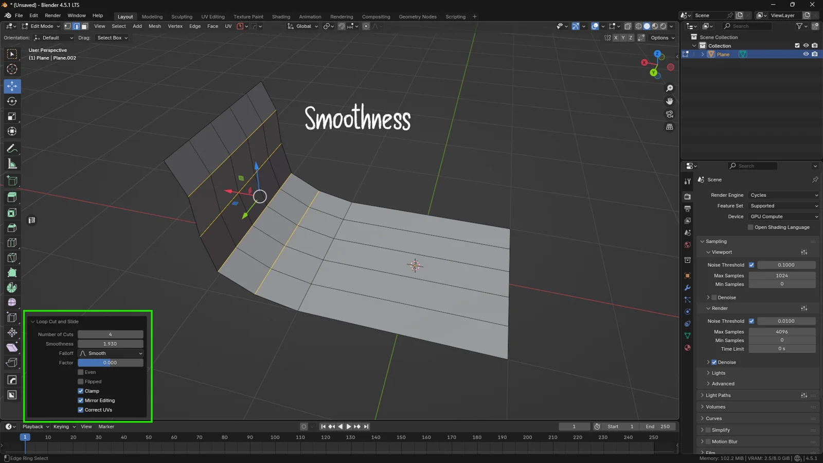 Blender Edit Mode screenshot showing the Loop Cut and Slide operator panel with the Smoothness parameter adjusted, creating a curved profile on the mesh.