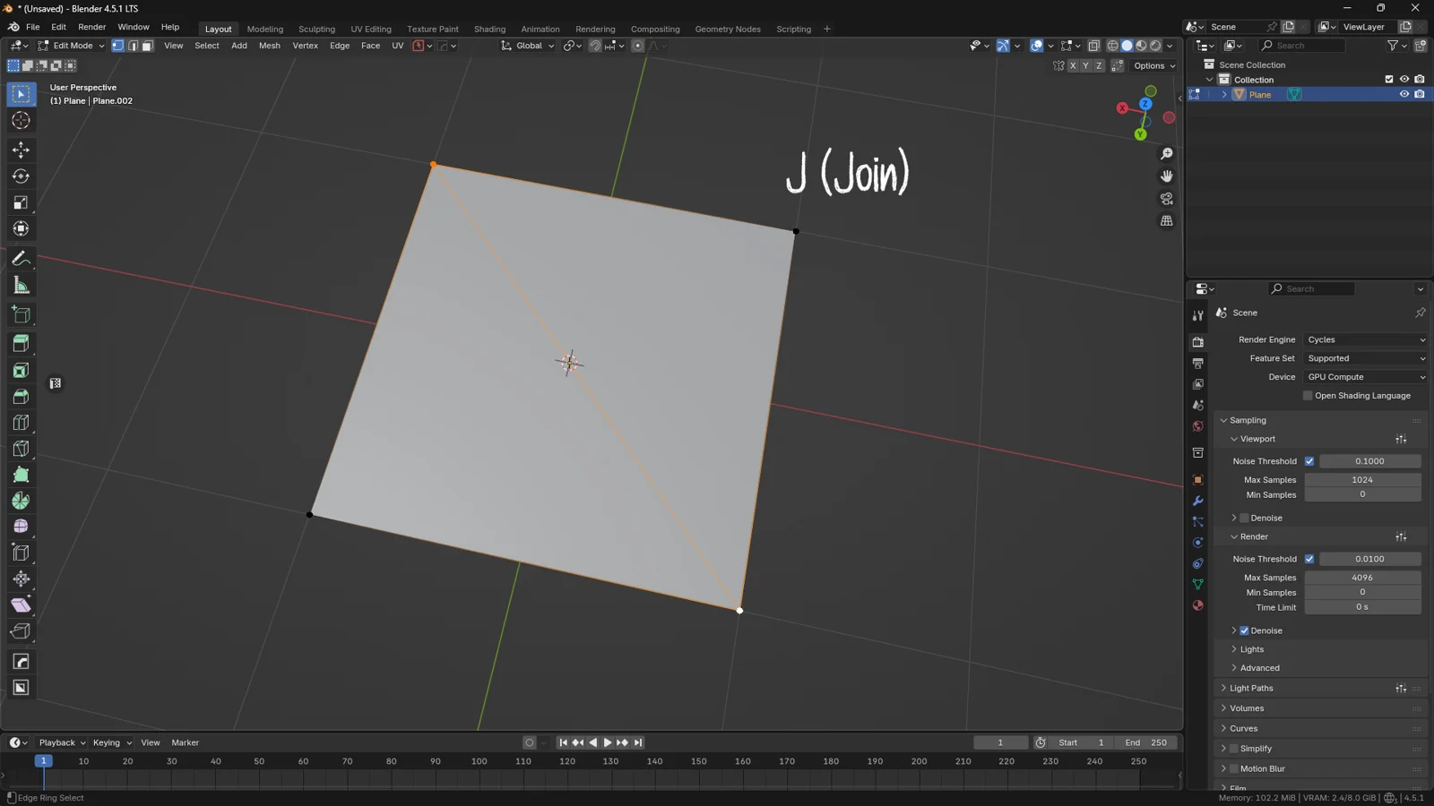 Blender Edit Mode screenshot showing a quad face split into two triangles by connecting opposite vertices using the J key.