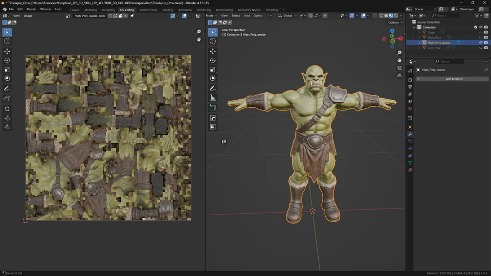 Blender UV Editing workspace showing the orc Base Color texture with UV islands on the left and the textured remeshed orc on the right.